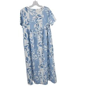 Blue White Leaf Print Babydoll Midi Dress Short Sleeve Button Front Womens M